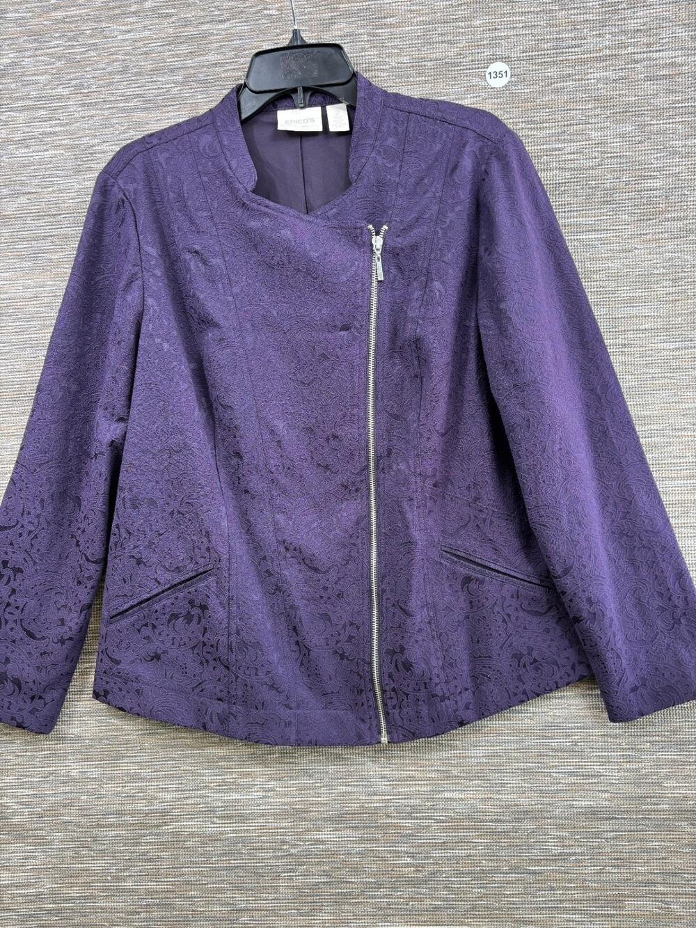 Chico's Full Zip Jacket Womens Size 2 US L Paisley Dark Purple Lightweight Lined